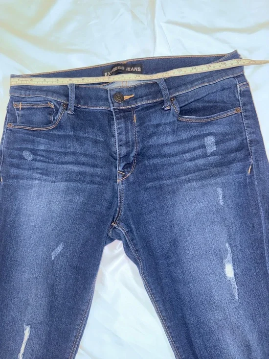 Express Dark Indigo Skinny Jeggings with Distressed Details and Ankle Zippers - Picture 6 of 8